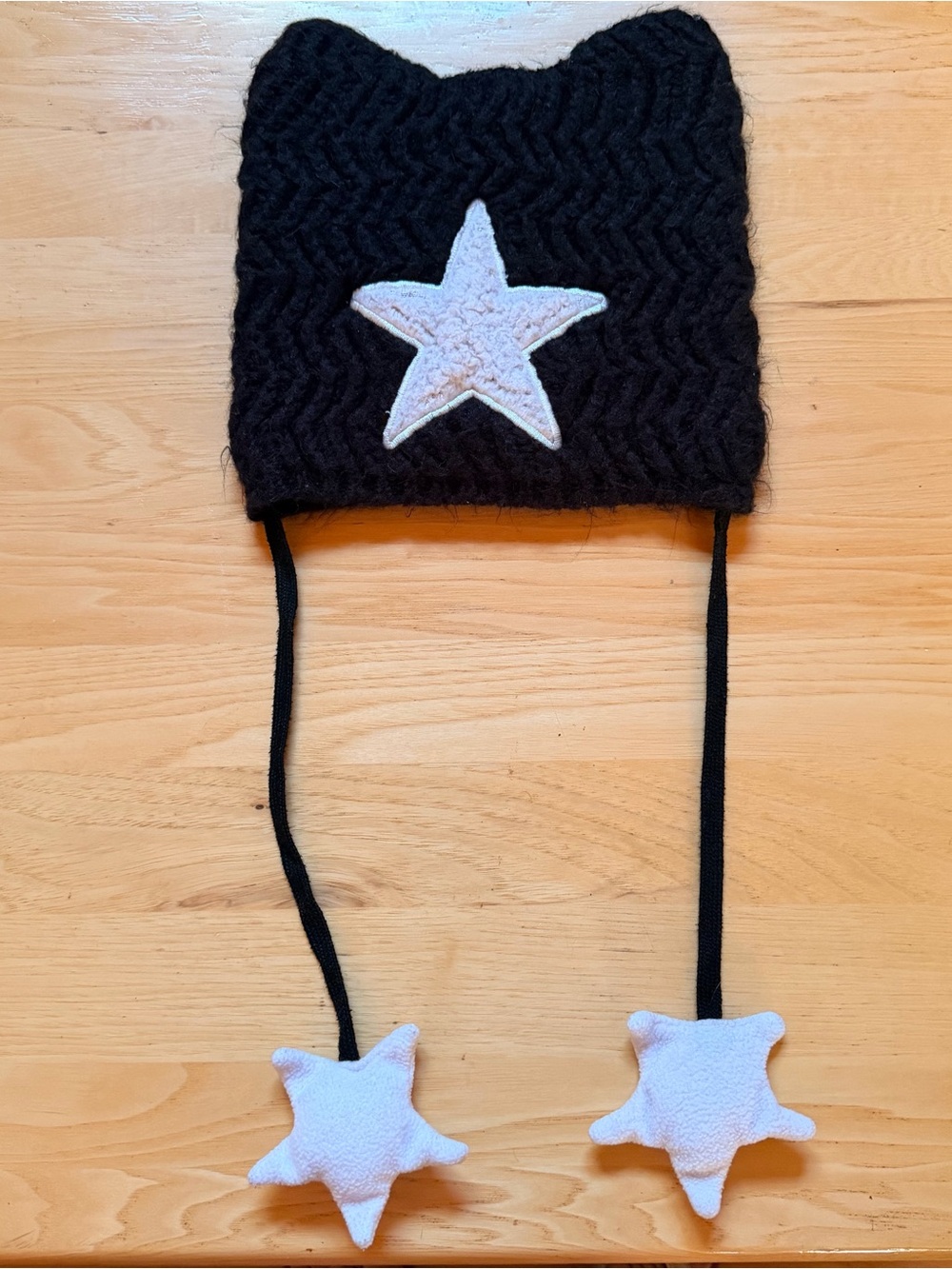 Black Knit Star Cat Ear Hat with White Star Accents